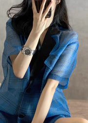 Frauen Blue Peter Pan Collar Plaid Patchwork Top Hotpants Zweiteiler Kurzarm