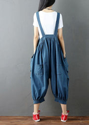 Women Blue Pockets Button Fall Casual Cotton Romper - SooLinen