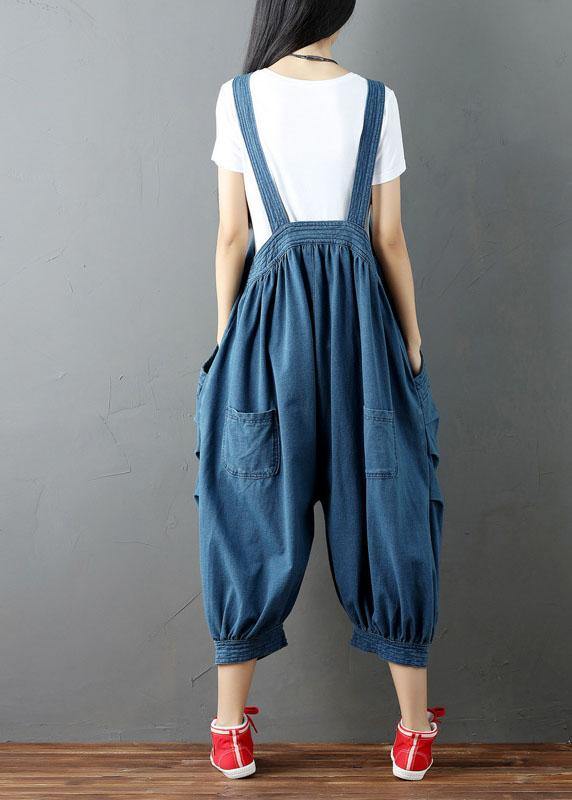 Women Blue Pockets Button Fall Casual Cotton Romper - SooLinen