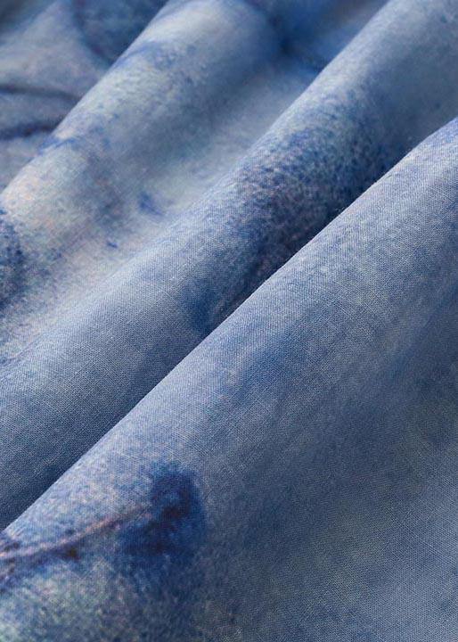 Women Blue Print Pockets Holiday Summer Linen Dress - SooLinen