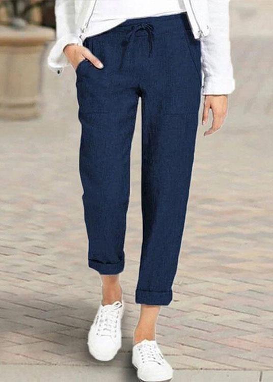 Women Casual Solid Color Elastic Waist Side Pockets Trouser Pants - SooLinen
