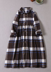 Frauen-Kaffee-Blau-Karo-Knopf-Baumwollkleid-Winter