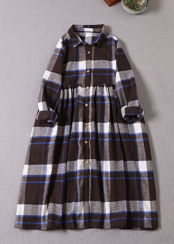 Frauen-Kaffee-Blau-Karo-Knopf-Baumwollkleid-Winter
