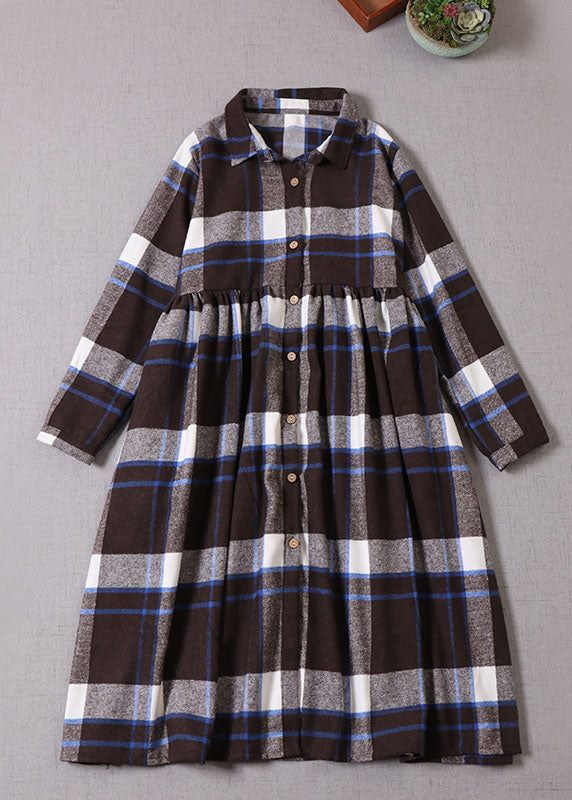 Frauen-Kaffee-Blau-Karo-Knopf-Baumwollkleid-Winter