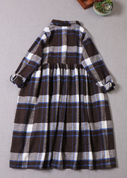 Frauen-Kaffee-Blau-Karo-Knopf-Baumwollkleid-Winter