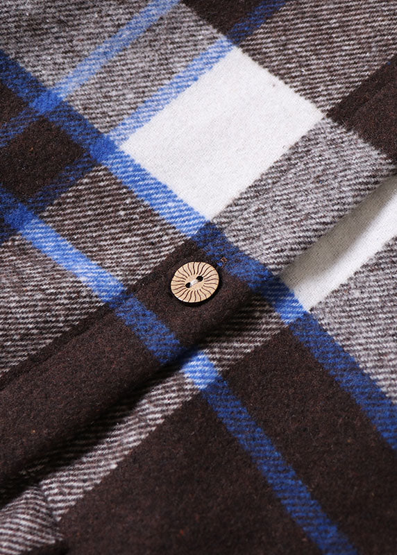 Frauen-Kaffee-Blau-Karo-Knopf-Baumwollkleid-Winter