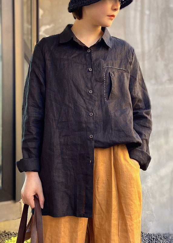 Women Chocolate Embroideried Button Peter Pan Collar Linen shirt Top Long Sleeve