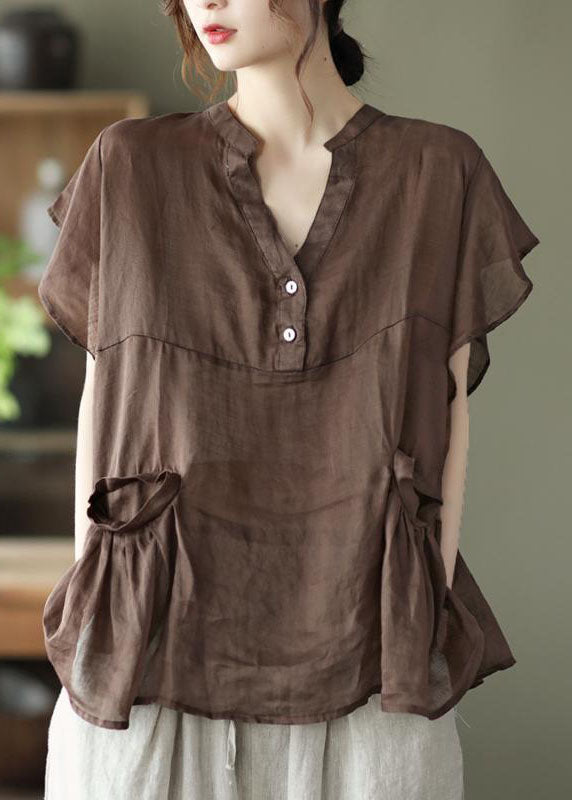 Frauen Kaffee Retro Lose Taschen Herbst Shirt Tops Kurzarm