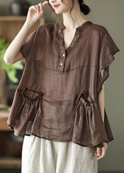 Frauen Kaffee Retro Lose Taschen Herbst Shirt Tops Kurzarm