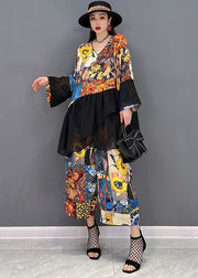 Women Colorblock Asymmetrical Print Tulle Patchwork Tops And Pants Two Piece Set Women Clothing Long Sleeve