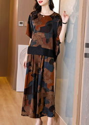 Women Colorblock O-Neck Patchwork Silk Top And Crop Pants Two Pieces Set Batwing Sleeve