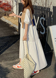 Women Cotton Solid Color Puff Sleeve Pleated Simple Maxi Dresses With Pocket