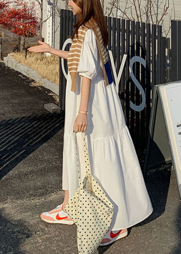 Women Cotton Solid Color Puff Sleeve Pleated Simple Maxi Dresses With Pocket