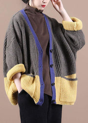 Women Dark Grey Pockets Colorblock Button Fall Sweater Jackets - SooLinen