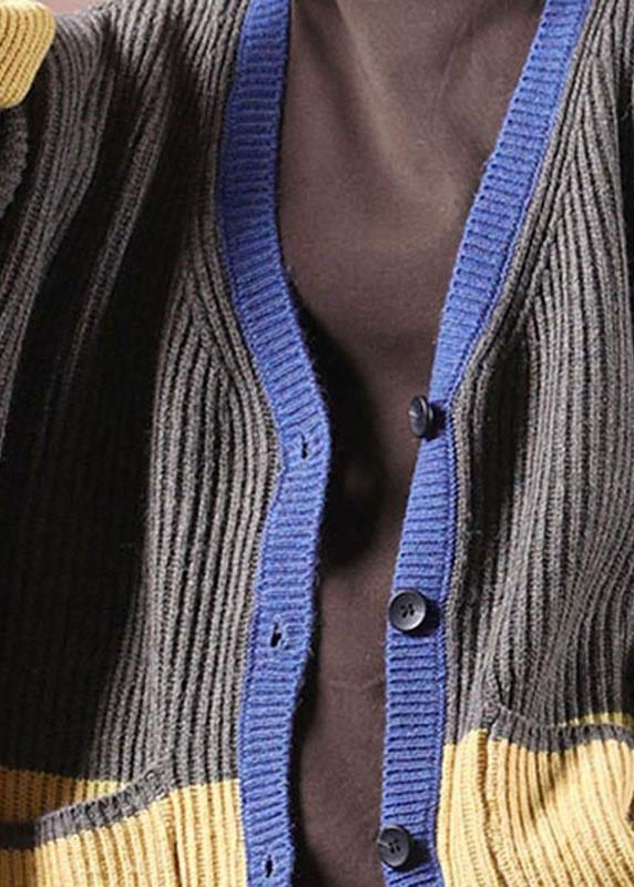 Women Dark Grey Pockets Colorblock Button Fall Sweater Jackets - SooLinen