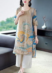 Women Drawstring Side Open Print Linen Long Tops Half Sleeve