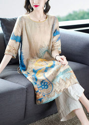 Women Drawstring Side Open Print Linen Long Tops Half Sleeve