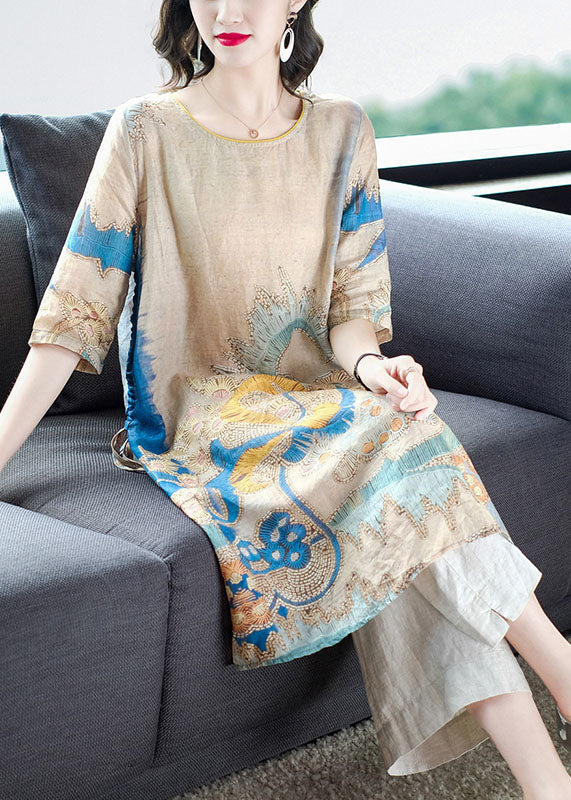 Women Drawstring Side Open Print Linen Long Tops Half Sleeve
