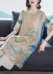 Women Drawstring Side Open Print Linen Long Tops Half Sleeve
