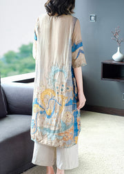 Women Drawstring Side Open Print Linen Long Tops Half Sleeve