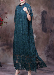 Women Green Button Embroideried Side Open Lace Long Dress Half Sleeve