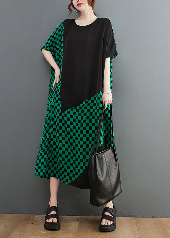 Frauen Grün O-Neck Patchwork extra großer Saum Urlaubskleider Kurzarm