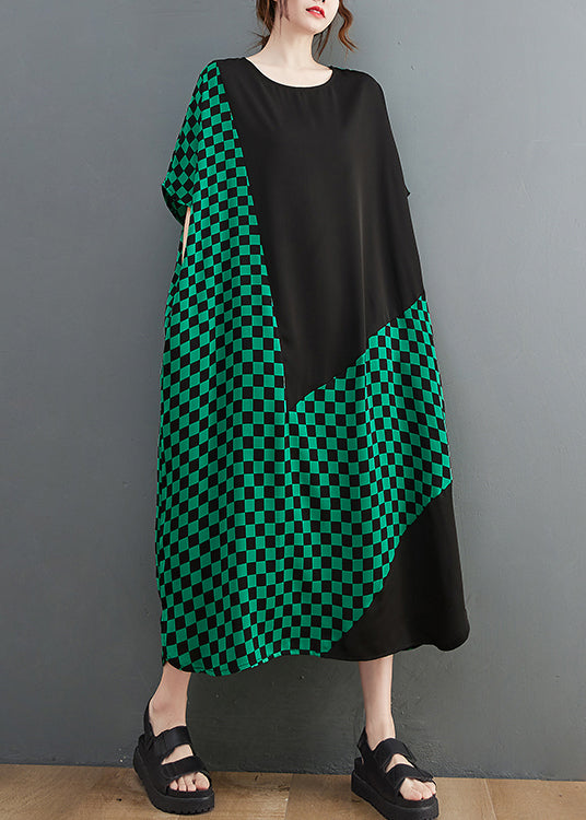 Frauen Grün O-Neck Patchwork extra großer Saum Urlaubskleider Kurzarm