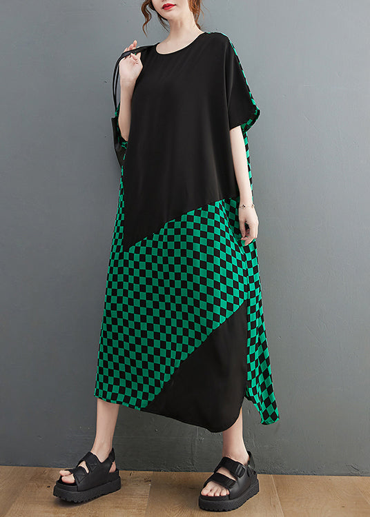 Frauen Grün O-Neck Patchwork extra großer Saum Urlaubskleider Kurzarm