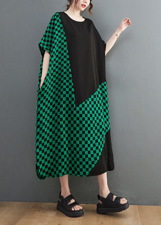 Frauen Grün O-Neck Patchwork extra großer Saum Urlaubskleider Kurzarm