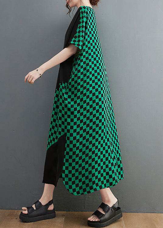 Frauen Grün O-Neck Patchwork extra großer Saum Urlaubskleider Kurzarm