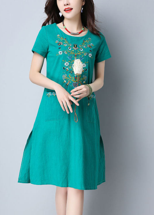 Women Green O-Neck Side Open Embroideried Pockets Cotton Dresses Short Sleeve