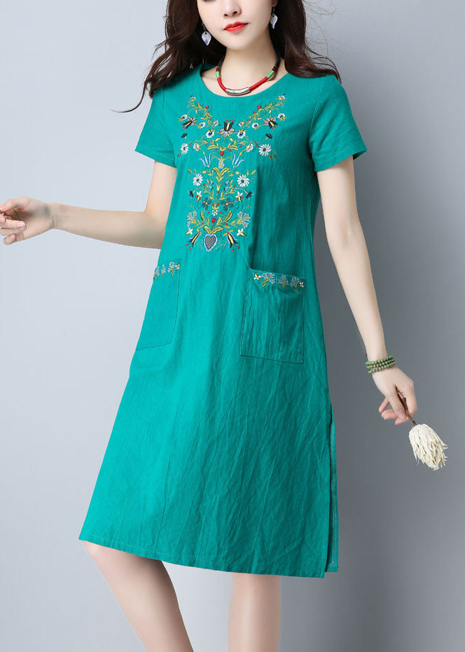 Women Green O-Neck Side Open Embroideried Pockets Cotton Dresses Short Sleeve