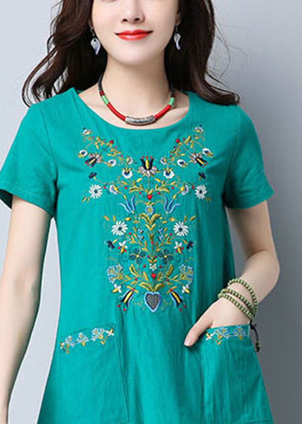 Women Green O-Neck Side Open Embroideried Pockets Cotton Dresses Short Sleeve