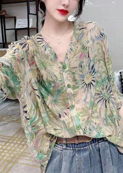 Frauen-Grün-V-Ausschnitt-Knopf-Diamant-Druck-Chiffon-Hemd-Oberseite Kurzarm