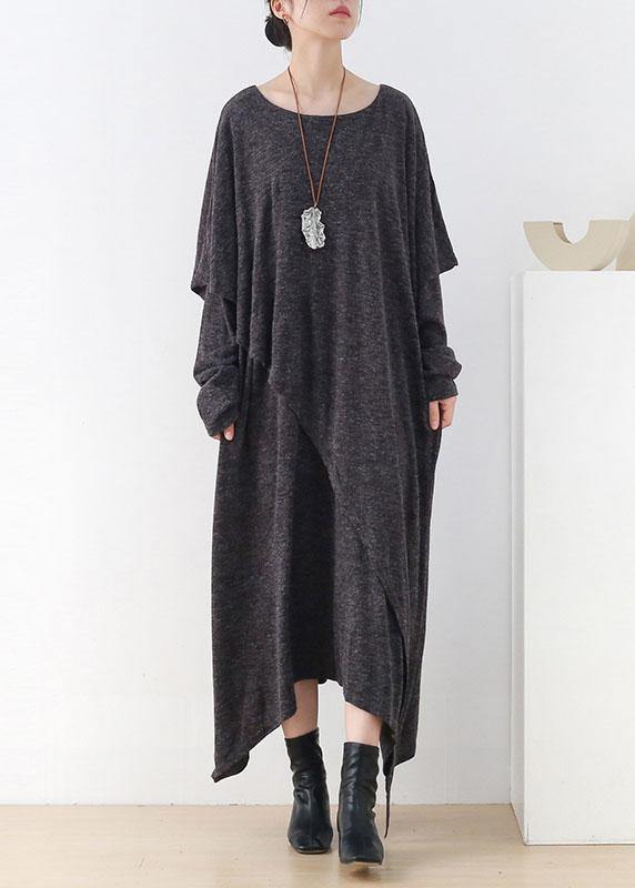 Women Grey O-Neck Patchwork Fall Cotton Dress - SooLinen