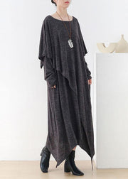 Women Grey O-Neck Patchwork Fall Cotton Dress - SooLinen