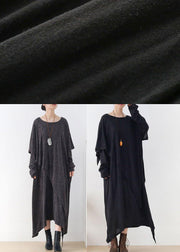 Women Grey O-Neck Patchwork Fall Cotton Dress - SooLinen