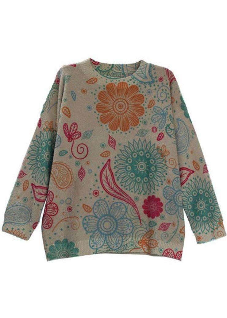 Women Khaki Retro Print Floral Knitted Sweaters Top - SooLinen