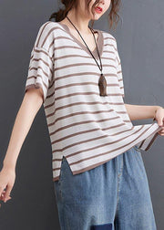 Women Khaki Striped side open Cotton Linen Summer Tops - SooLinen