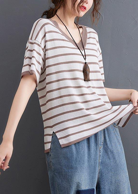 Women Khaki Striped side open Cotton Linen Summer Tops - SooLinen