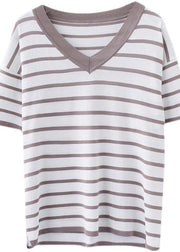 Women Khaki Striped side open Cotton Linen Summer Tops - SooLinen