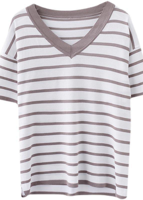 Women Khaki Striped side open Cotton Linen Summer Tops - SooLinen