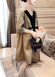 Women Khaki V Neck Bow Casual Fall Half Sleeve Shirts dress