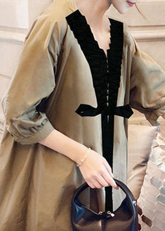 Women Khaki V Neck Bow Casual Fall Half Sleeve Shirts dress