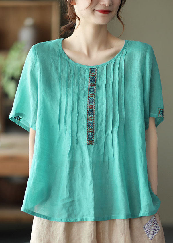 Women Lake Green O-Neck Linen Tops Short Sleeve