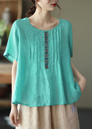 Women Lake Green O-Neck Linen Tops Short Sleeve