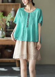 Women Lake Green O-Neck Linen Tops Short Sleeve