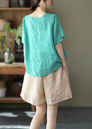 Women Lake Green O-Neck Linen Tops Short Sleeve