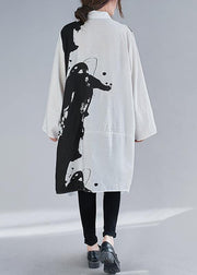 Women Lapel Patchwork Spring Clothes Design White Print Long Dress - SooLinen