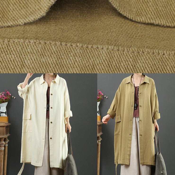 Women Lapel Pockets Fashion Spring Coat Khaki Plus Size Clothing Outwear - SooLinen